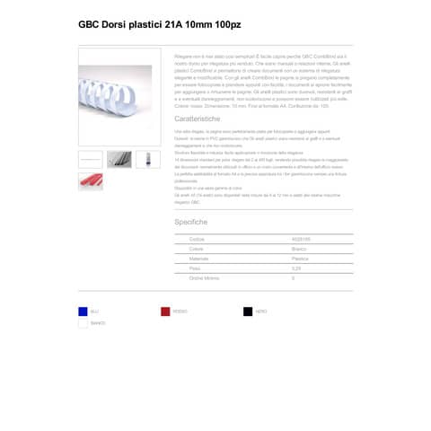 Dorsi plastici a 21 anelli GBC CombBind 10 mm A4 bianco - fino a 65 fogli conf da 100 dorsi - 4028195